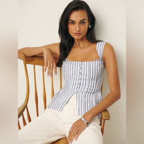 Reformation Evie Linen Top in Antibes Stripe Blue White Stripes | US 0 UK 4 - Picture 3 of 10